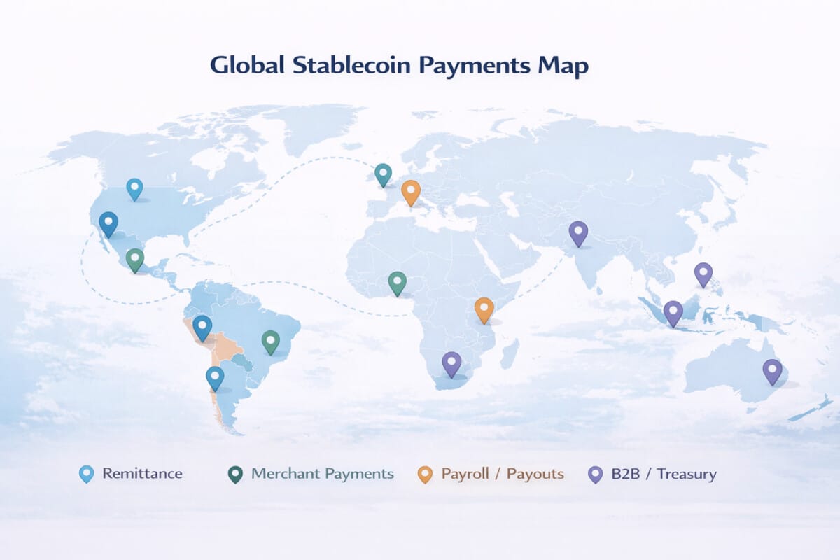Global stablecoin payments map showing major regions and use cases
