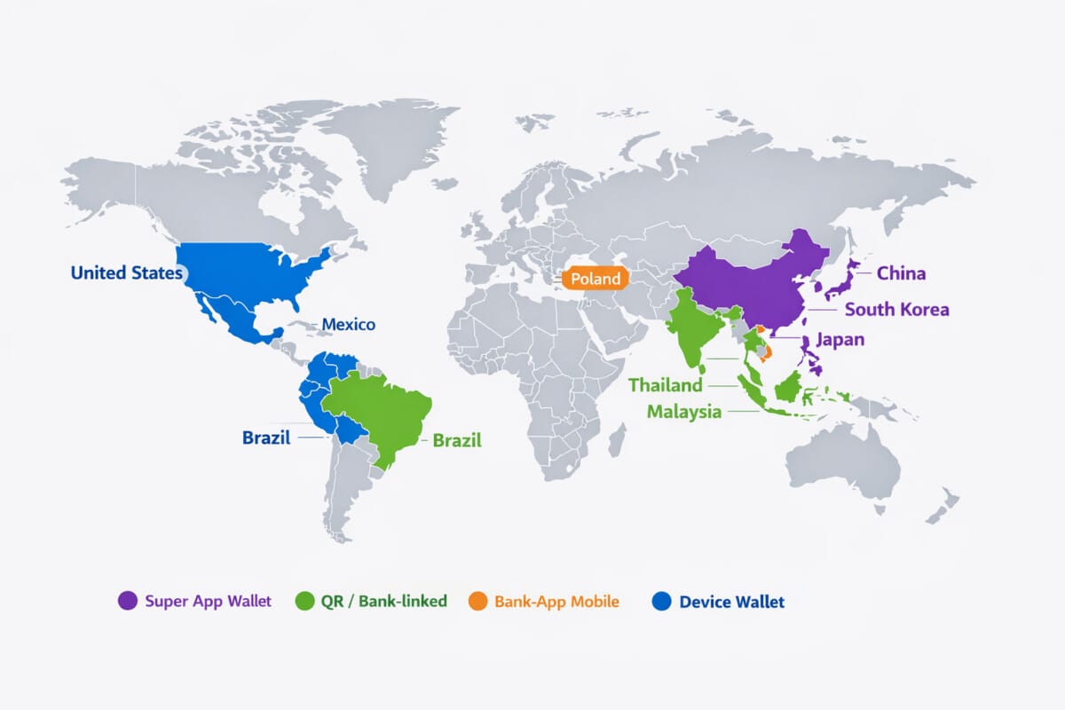 Global wallet map showing selected mobile wallet markets